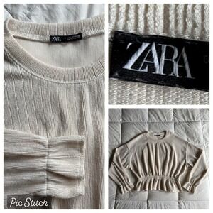 Zara Ribbed Peplum Knit Top Womens M Ecru LS Elastic Waist Neutral Soft Minimal
